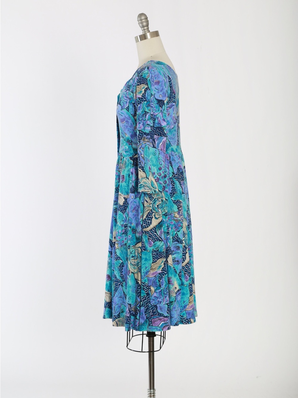 vintage 1980s Lanz Originals fish print midi blue purple dress size large - Picture 11 of 12
